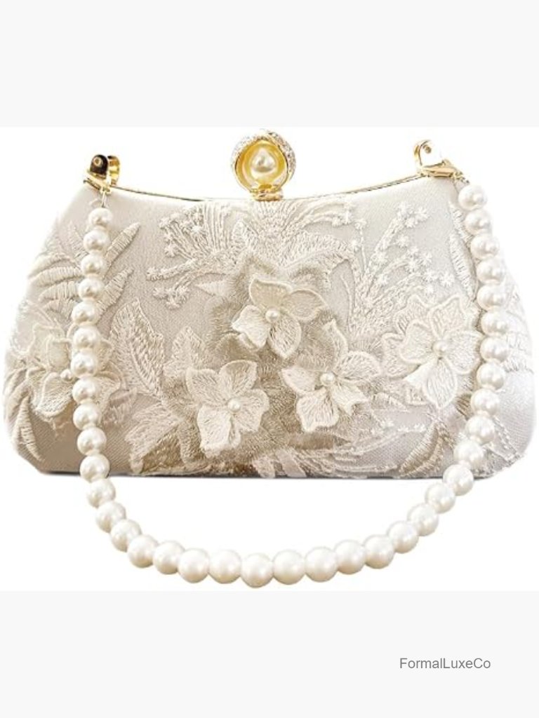 Floral Embroidered Clutch Pearl Crossbody Evening Bag Wedding Party Purse